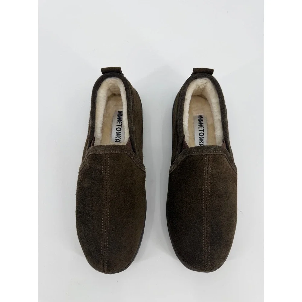 Minnetonka Mens 3928 Suede Pile Lined Slip On Slippers Chocolate Brown Size 8M